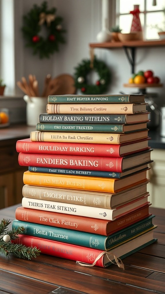 A stack of vintage holiday baking cookbooks on a wooden table, surrounded by festive decorations.