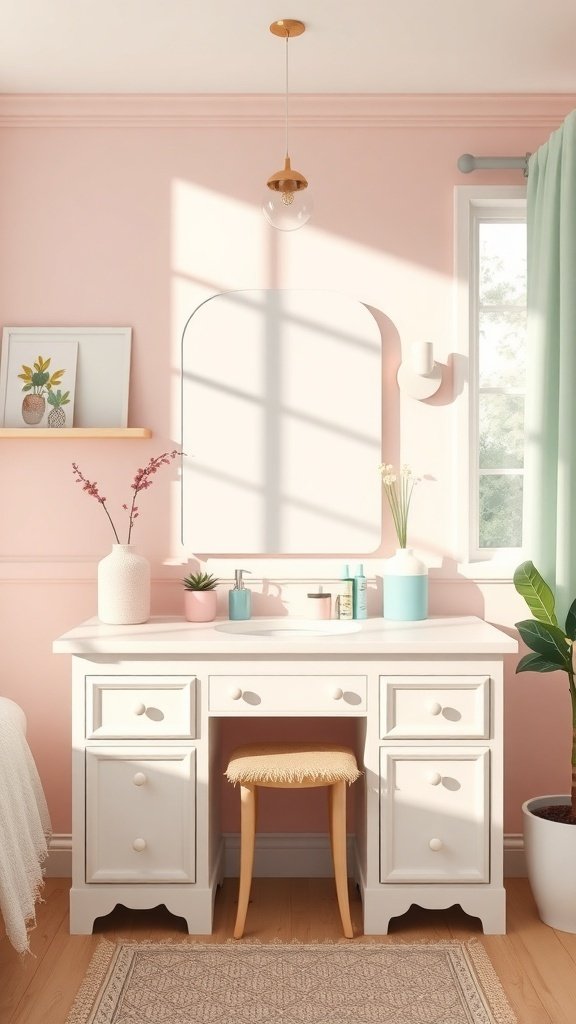 A bright and airy vanity setup with pastel hues, featuring a white vanity table, round mirror, and decorative plants.