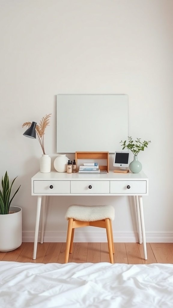 A minimalist vanity setup featuring a white desk, a mirror, a lamp, and plants.