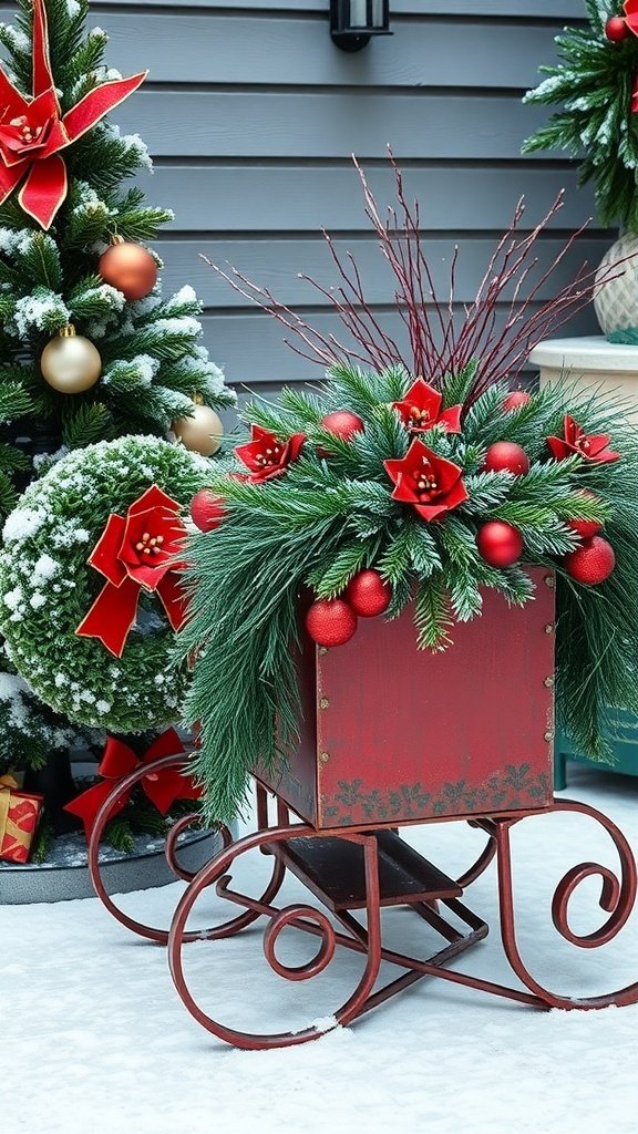 A vintage red sled decorated with greenery and red flowers, set against a snowy backdrop.