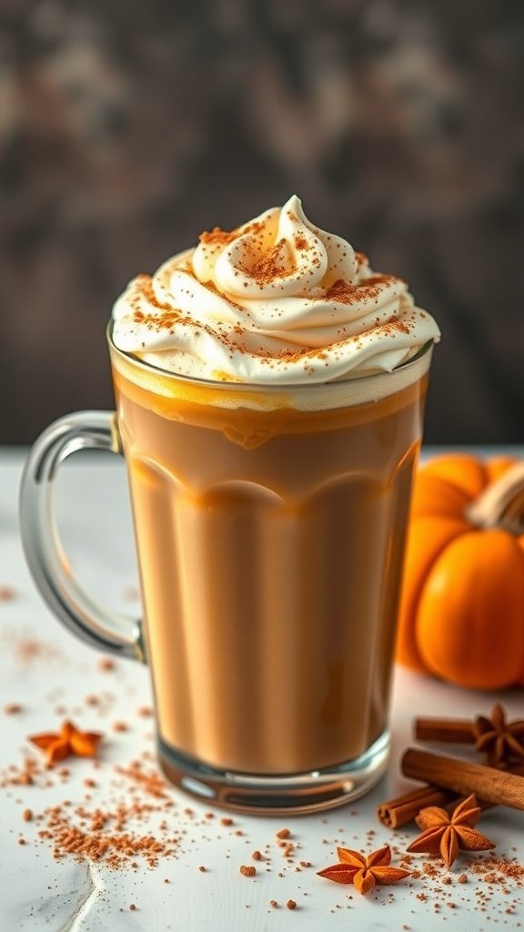 A pumpkin spice latte topped with whipped cream and cinnamon, with pumpkins and cinnamon sticks in the background.
