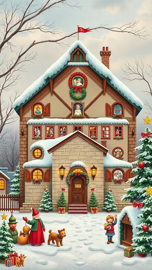 A vintage-style snowy house decorated for Christmas with children and festive elements.