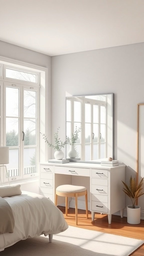 A bright bedroom featuring a minimalist vanity with natural light streaming through large windows.
