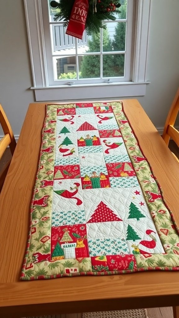 A quilted Christmas table runner with festive patterns on a wooden table.