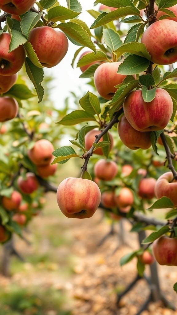 Close-up of ripe apples hanging from branches in an orchard