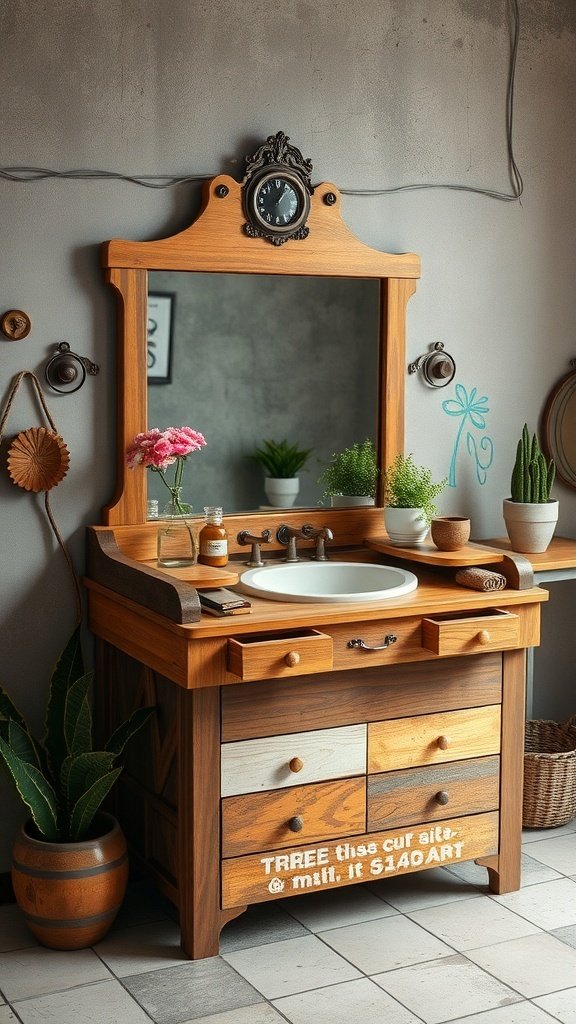 A wooden upcycled vanity with a mirror, plants, and decorative items.