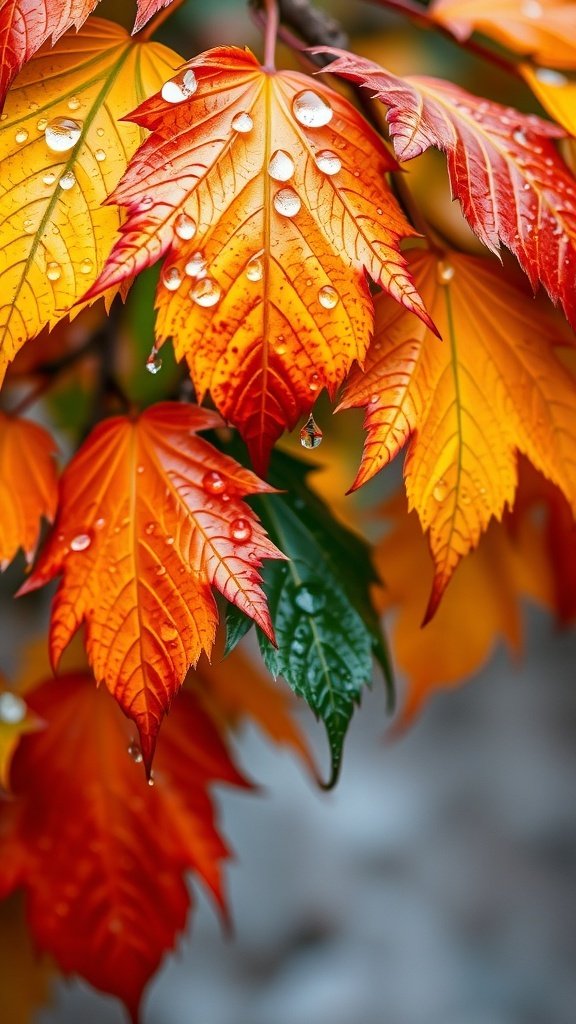 Close-up of colorful autumn leaves with raindrops