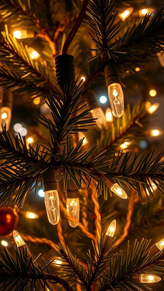 Close-up of vintage Christmas tree lights on a decorated tree