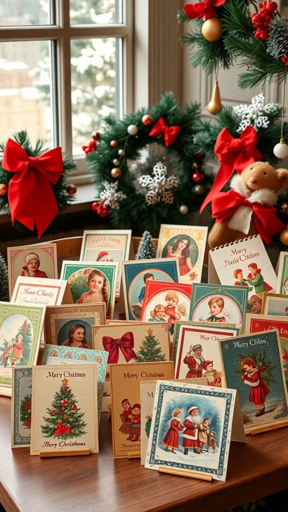 A collection of vintage Christmas cards displayed on a table, surrounded by festive decorations.
