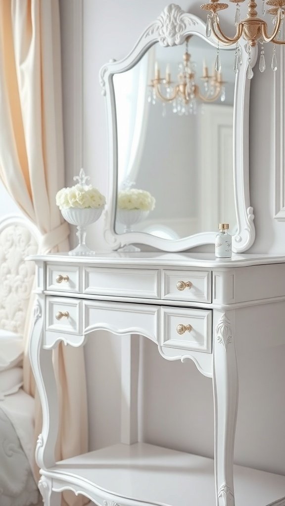 A white vanity with crystal details, featuring a mirror and decorative elements, set in a bright bedroom.