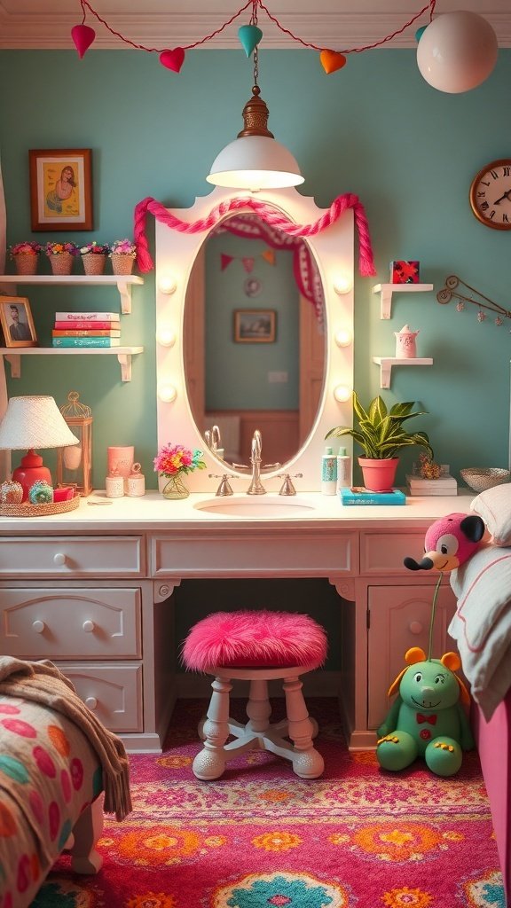 A whimsical vanity area in a bedroom featuring a large mirror with lights, a fluffy pink stool, colorful decor, and a vibrant rug.