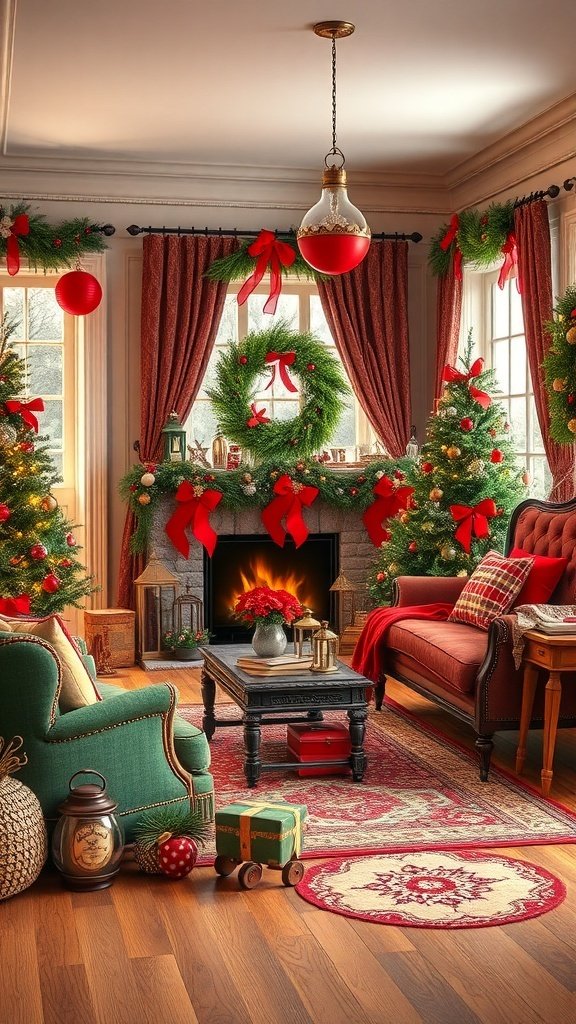 A cozy living room decorated with classic red and green Christmas decor, featuring trees, wreaths, and festive accents.