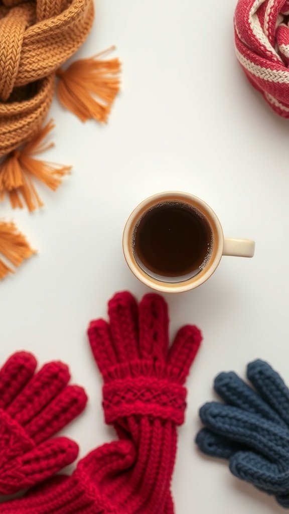 A cozy scene featuring colorful scarves and gloves surrounding a cup of coffee, perfect for fall.