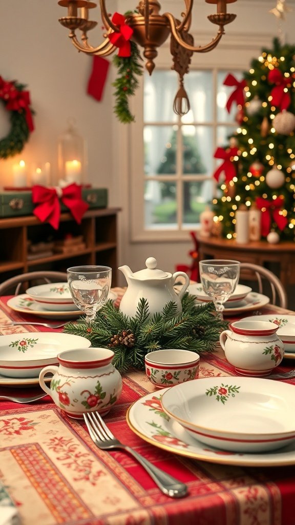 A vintage holiday table setting with floral plates, a teapot, and a festive centerpiece.