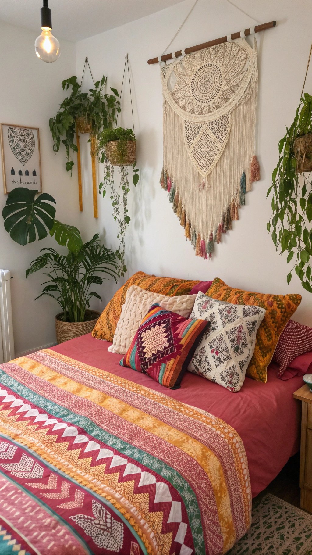 A colorful boho bedroom with vibrant textiles, plants, and a macramé wall hanging.