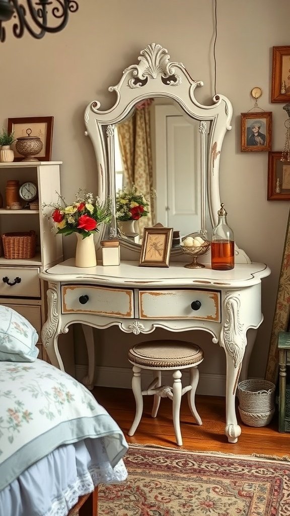 A shabby chic vanity with a large ornate mirror, two drawers, and a cozy stool, surrounded by decorative elements.