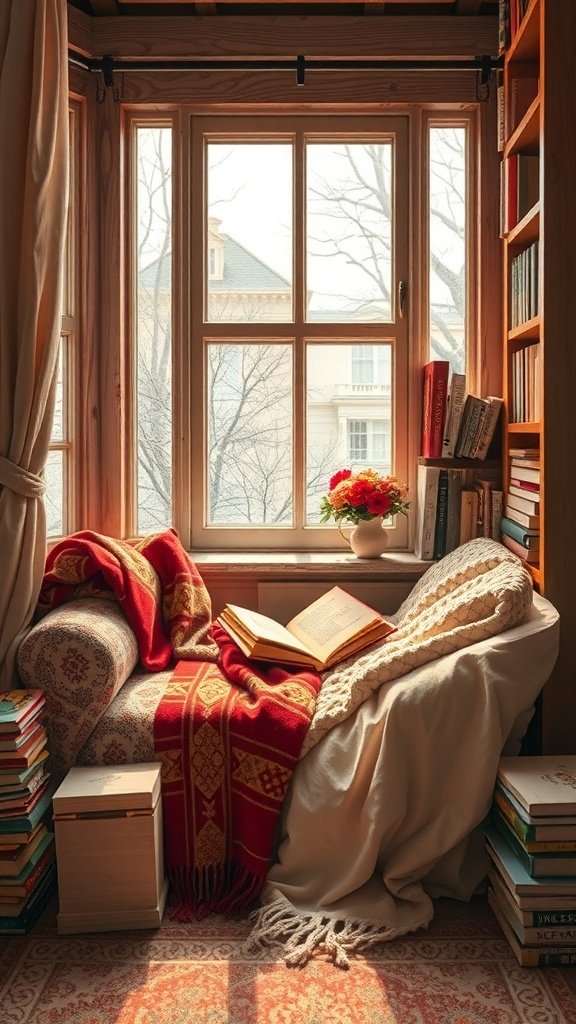 A cozy reading nook with a plush chair, colorful blanket, and stacks of books by a window.