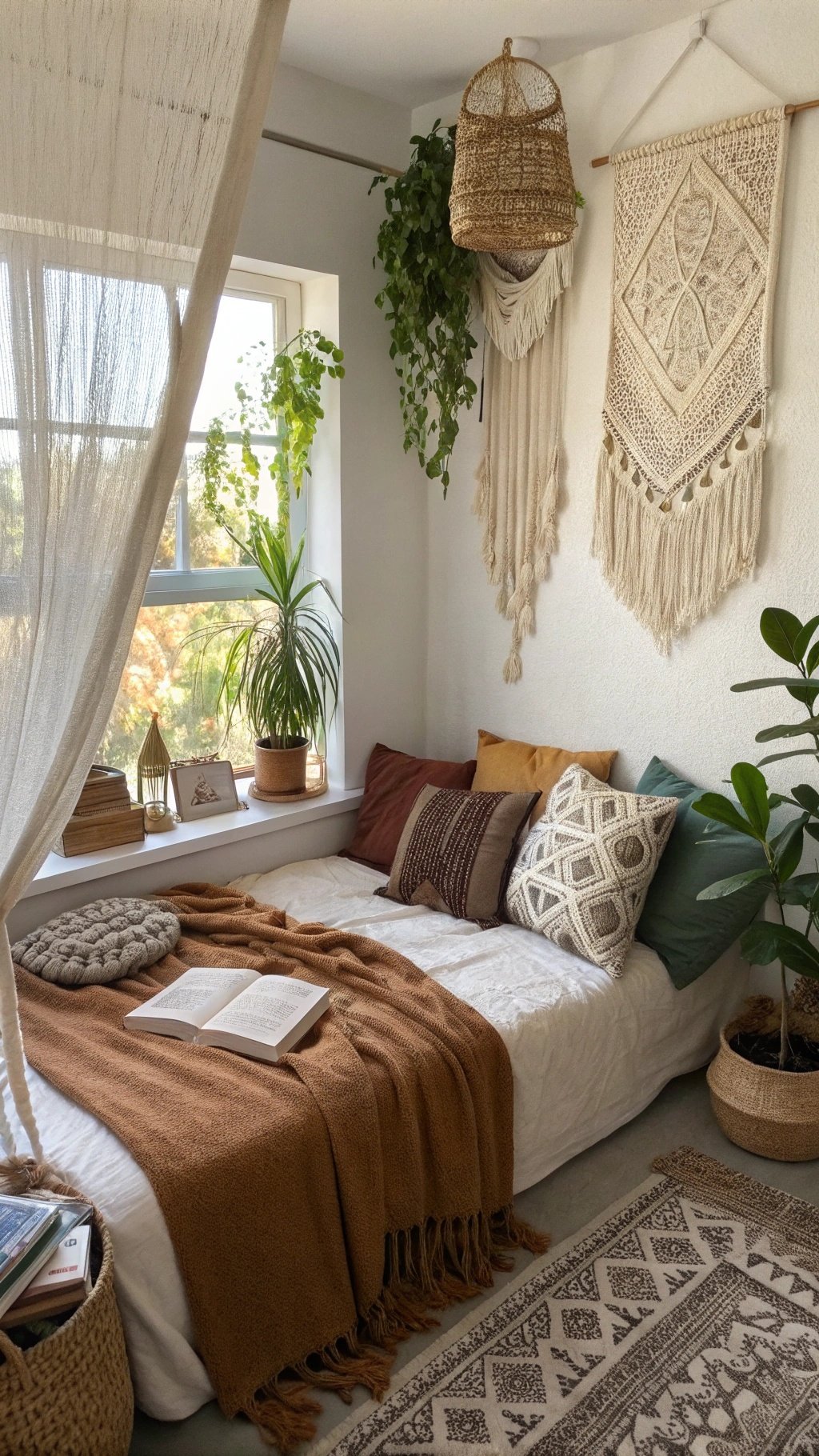 A cozy modern boho bedroom featuring a bed with warm blankets, decorative pillows, plants, and macramé wall art.