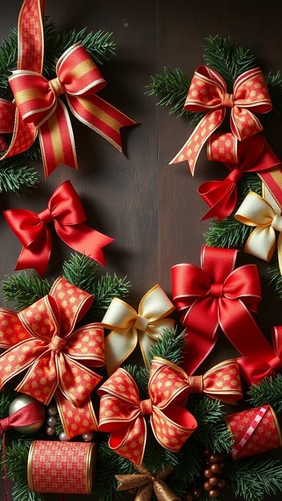 A collection of classic holiday bows and ribbons in red and gold, arranged on a wooden background.