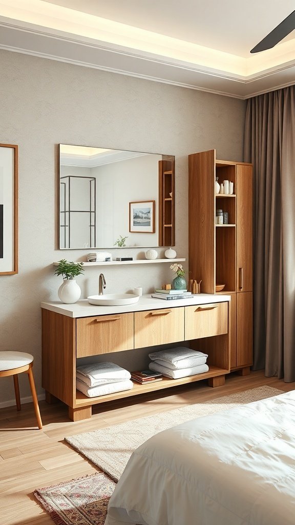 A stylish wooden modular vanity unit with a mirror, storage, and a clean countertop in a modern bedroom.