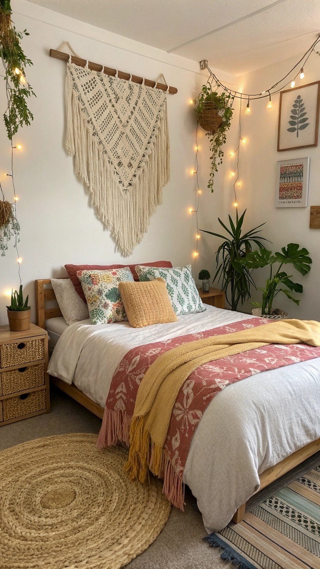 A cozy boho bedroom featuring a macramé wall hanging, layered bedding, and plants.