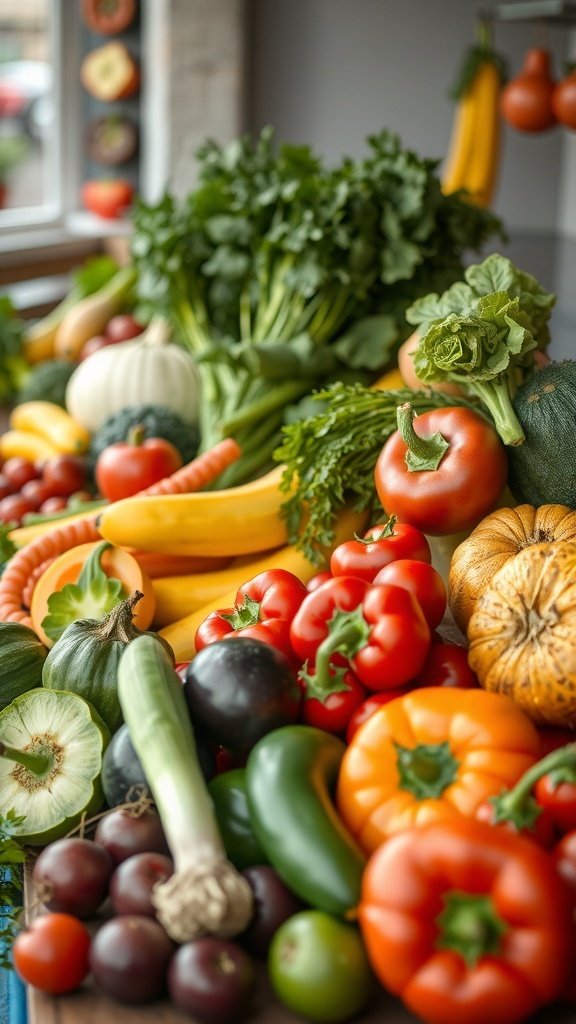 A vibrant display of fresh vegetables and fruits, showcasing the colors of autumn.