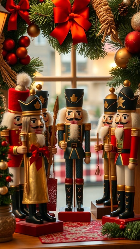 A collection of antique nutcracker figurines in festive colors, displayed with Christmas decorations.