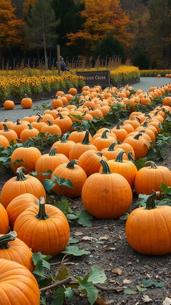 A vibrant pumpkin patch filled with orange pumpkins and sunflowers in the background.