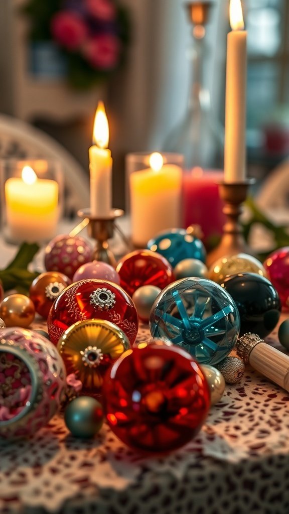 A collection of antique glass baubles in vibrant colors with candles in the background.