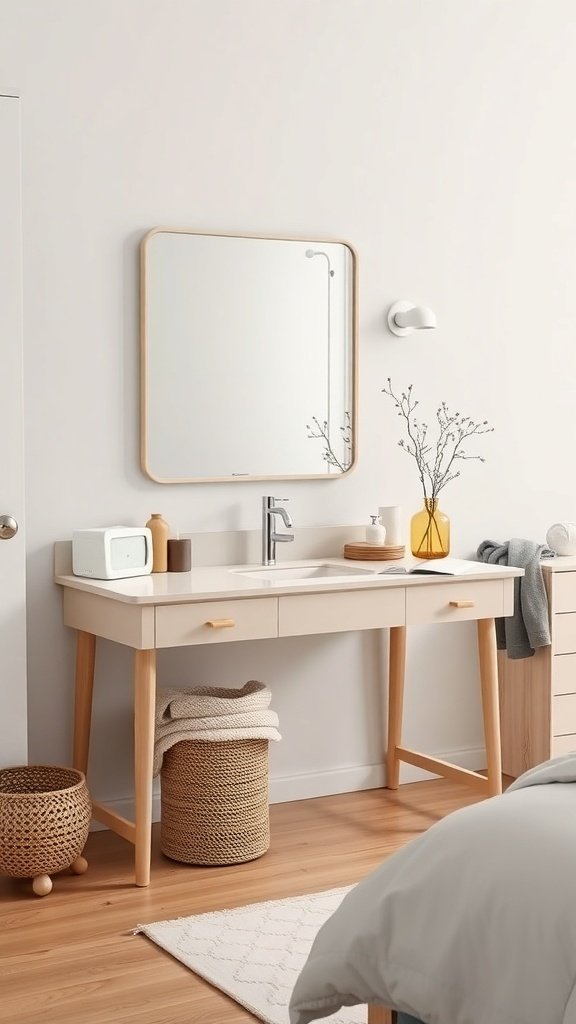 A sleek Scandinavian vanity with a large mirror, light wood legs, and decorative elements.