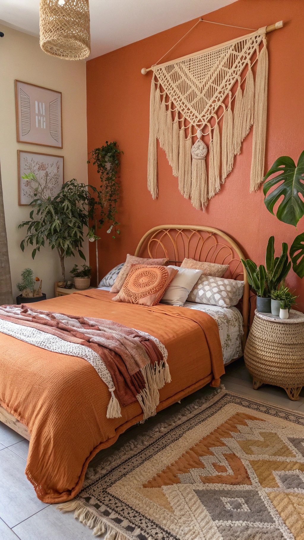 A cozy boho bedroom featuring an orange accent wall, macramé wall art, and layered textiles.