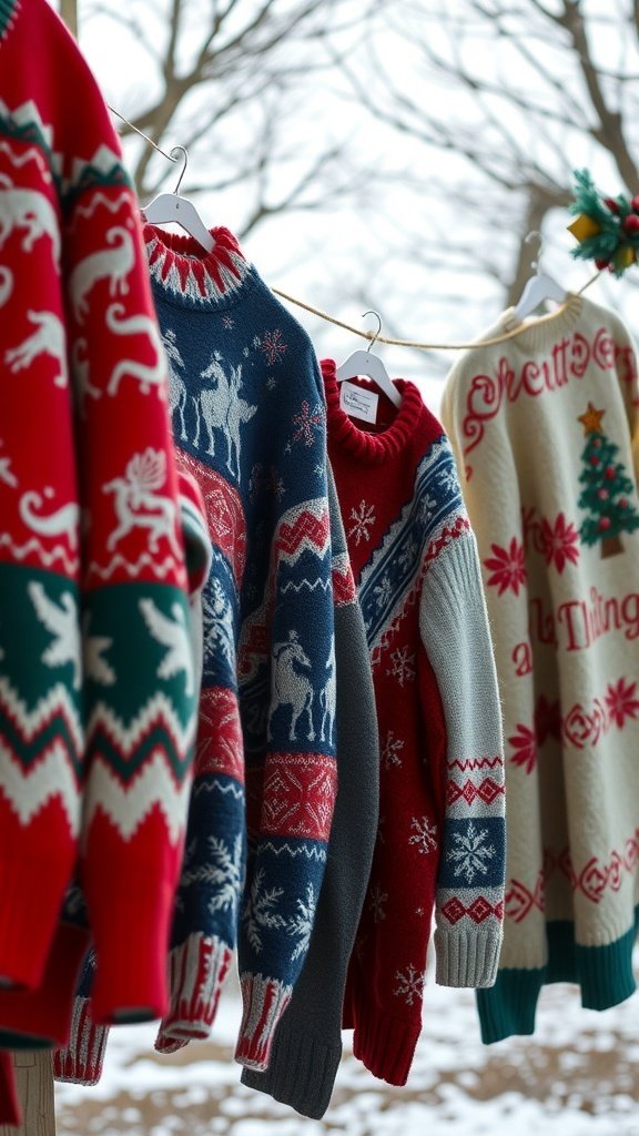 A collection of vintage Christmas sweaters hanging on a line, featuring festive designs.