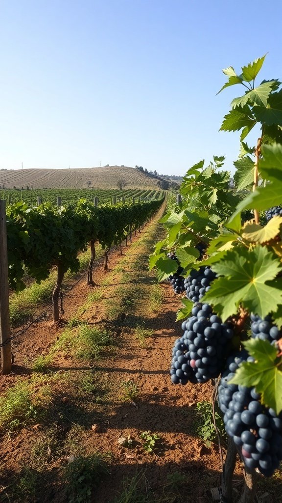 A vineyard in October with ripe grapes ready for harvest under a clear blue sky.