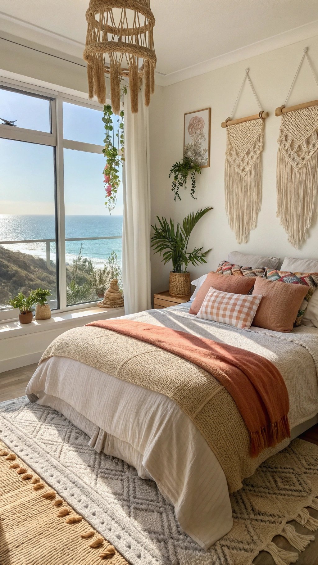 A cozy coastal boho bedroom with a view of the ocean, featuring natural textures and plants.