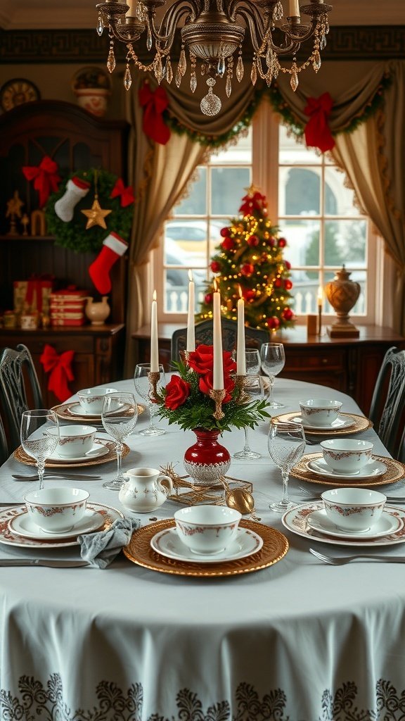 A beautifully set Victorian-inspired Christmas table with fine china, crystal glassware, and a floral centerpiece.