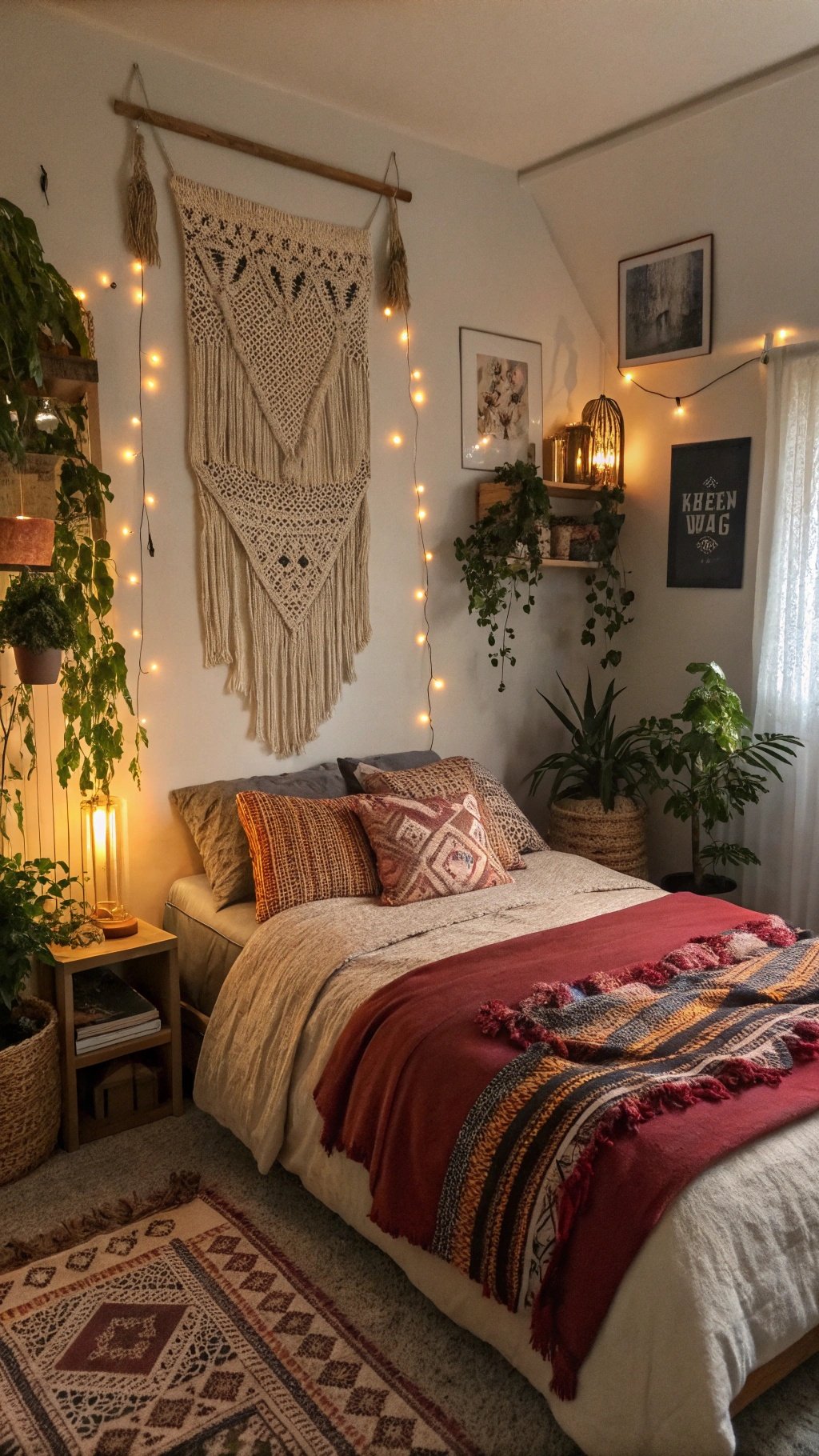 Cozy moody boho bedroom with macramé wall hanging, string lights, and plants