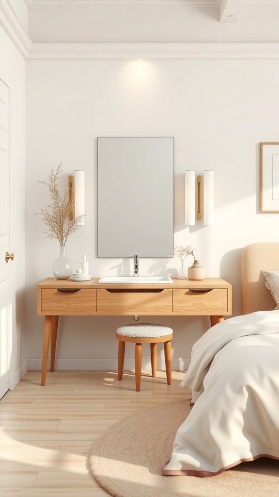 A minimalist bedroom vanity with a wooden table, mirror, and decorative elements.