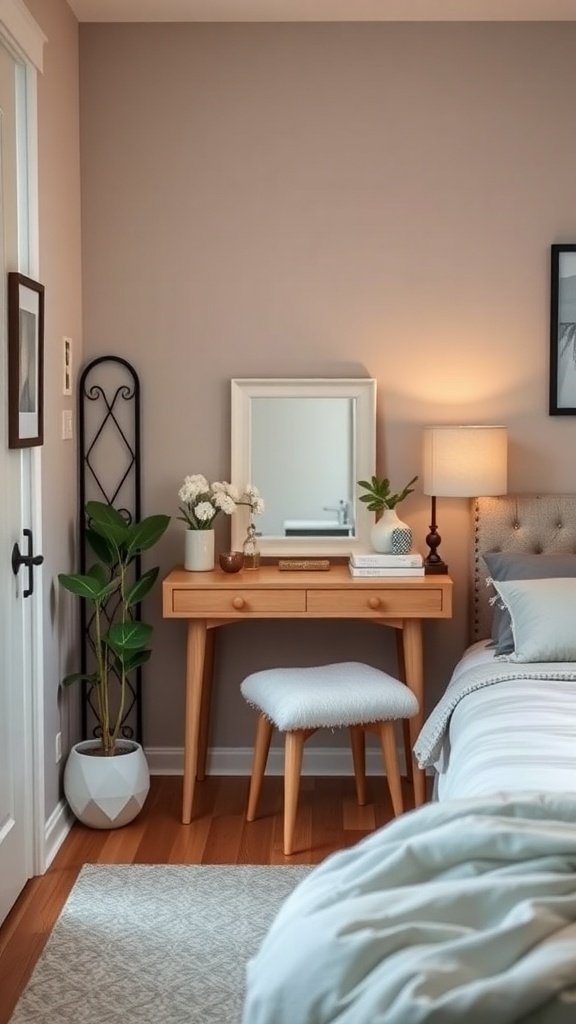 A compact corner vanity with a wooden desk, mirror, and decorative plants in a cozy bedroom.