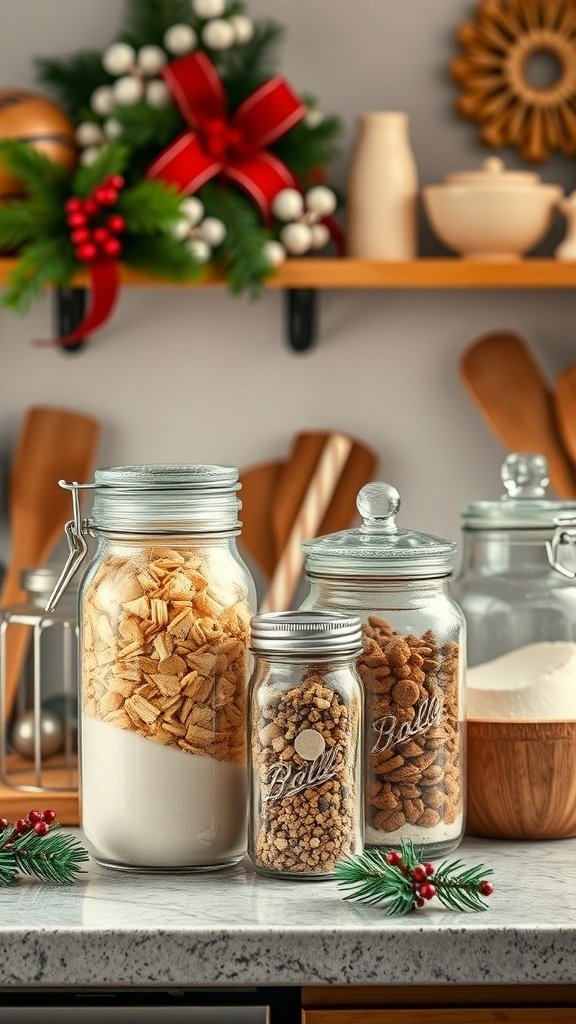 Glass jars filled with baking ingredients for holiday baking, decorated with festive elements.