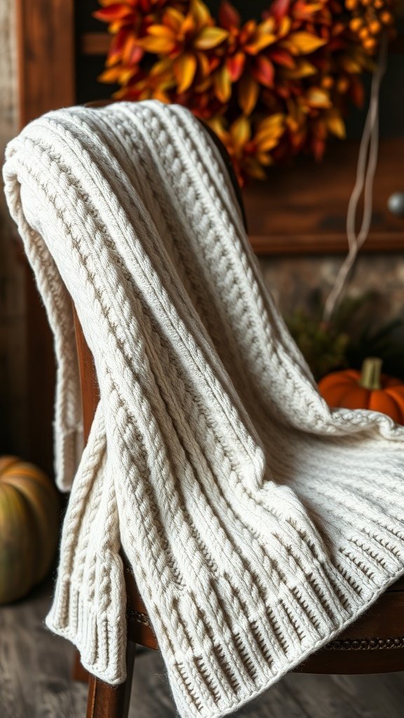 A cozy knitted blanket draped over a chair with an autumn wreath in the background.