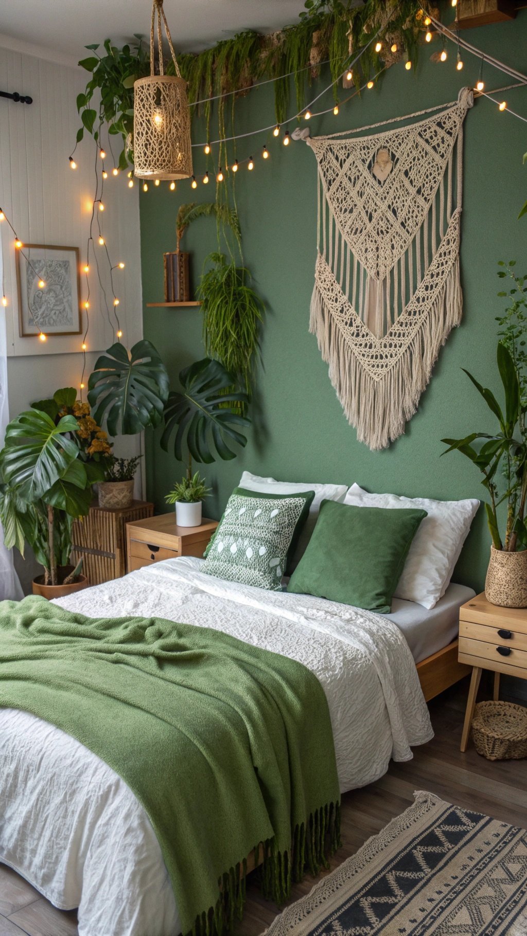 A cozy green boho bedroom with plants, macramé wall hanging, and soft bedding.