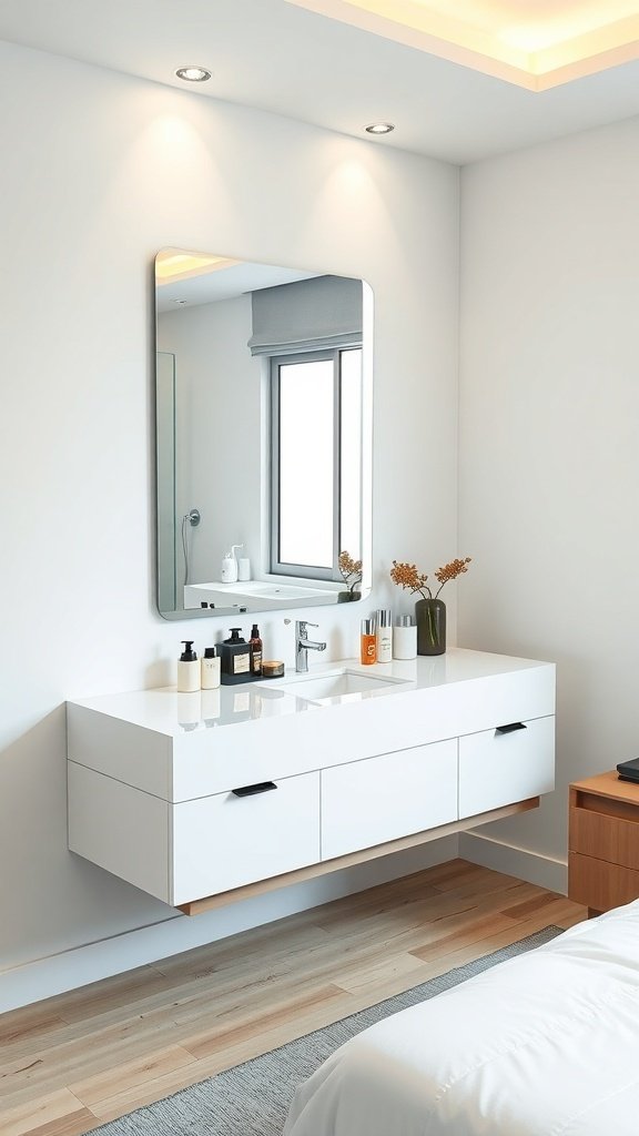 Minimalist floating vanity design with a large mirror and skincare products