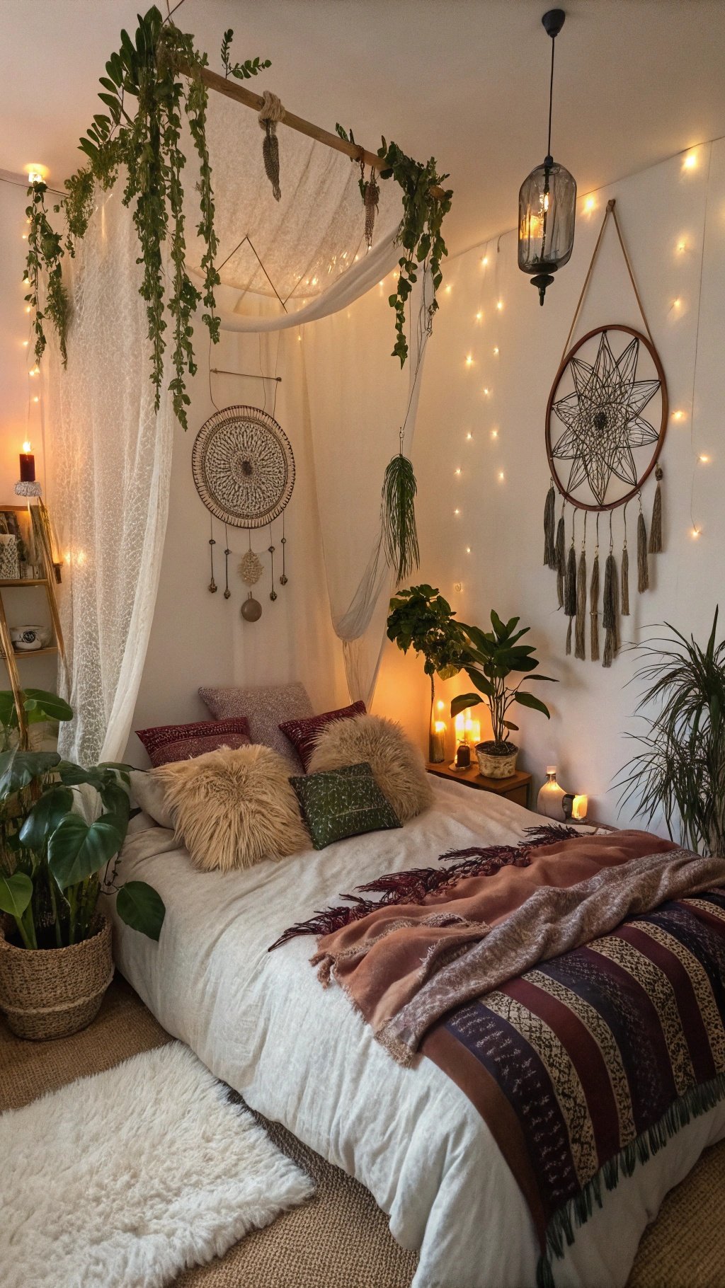 A cozy witchy boho bedroom with plants, warm lighting, and layered textiles.
