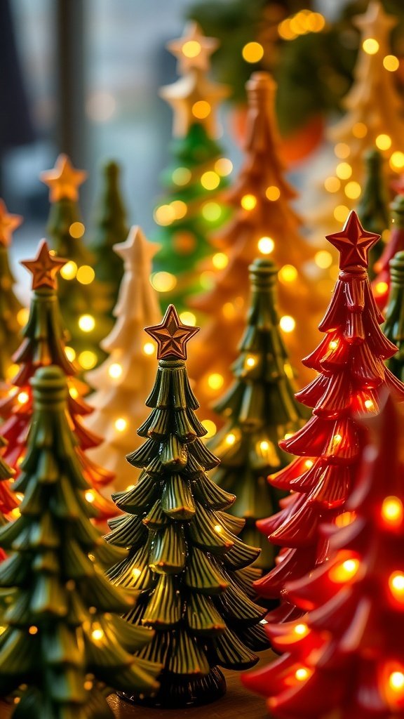 A collection of colorful ceramic Christmas trees with lights