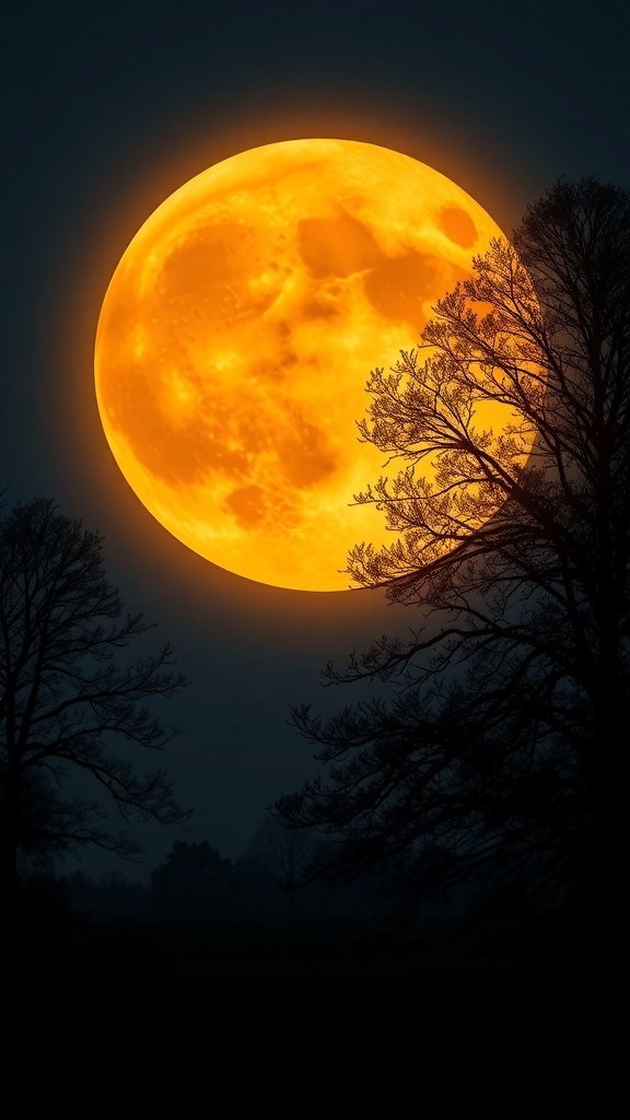 A large orange Harvest Moon glowing in the night sky, partially obscured by dark trees.