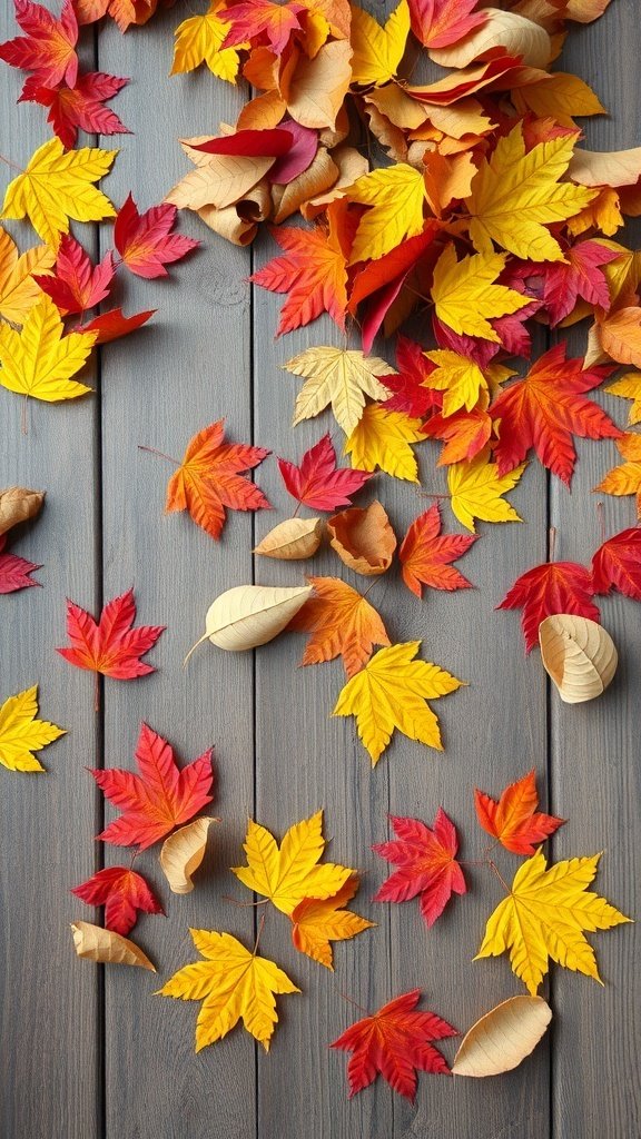 A collection of autumn leaves in red, orange, and yellow scattered on a wooden surface.
