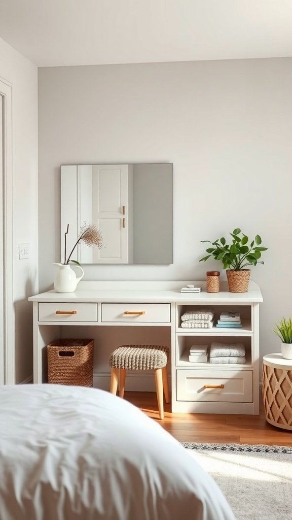 A stylish vanity with built-in storage in a bright bedroom setting.