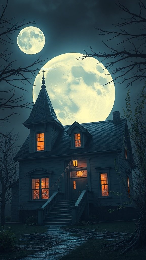 A spooky house under a full moon with dark trees around it, creating a Halloween atmosphere.