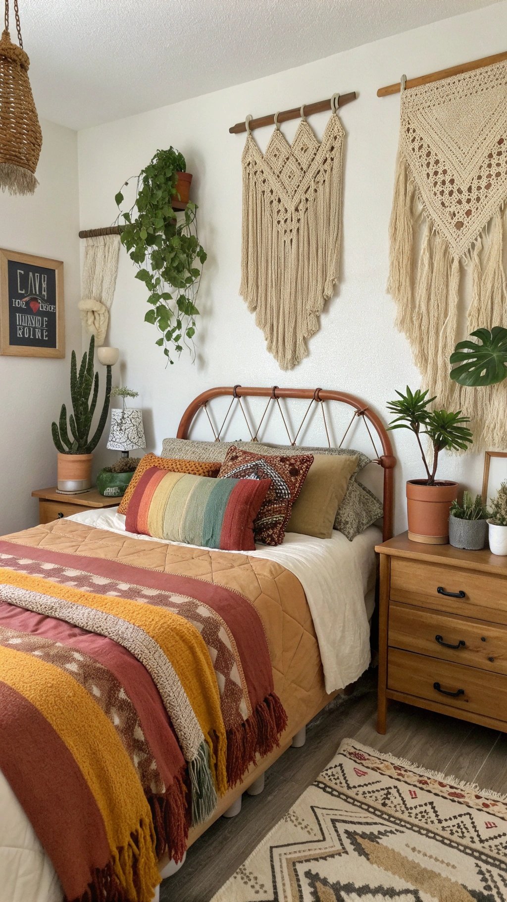 A cozy Western Boho bedroom featuring a bed with colorful pillows, a woven blanket, and decorative wall hangings.