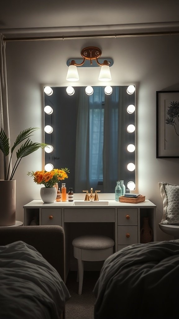 A stylish vanity area with a large mirror, bright bulbs, and decorative elements like flowers.